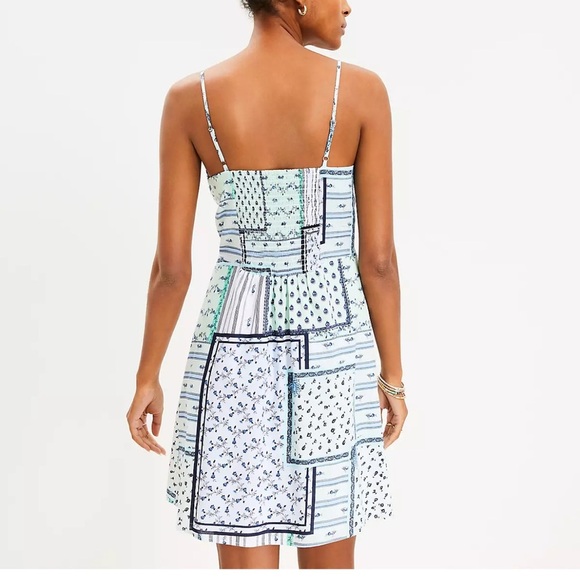 LOFT PETITE Patchwork Spaghetti Strap Twist Cutout Cami Dress Short Mini Sz 10 - Picture 2 of 13